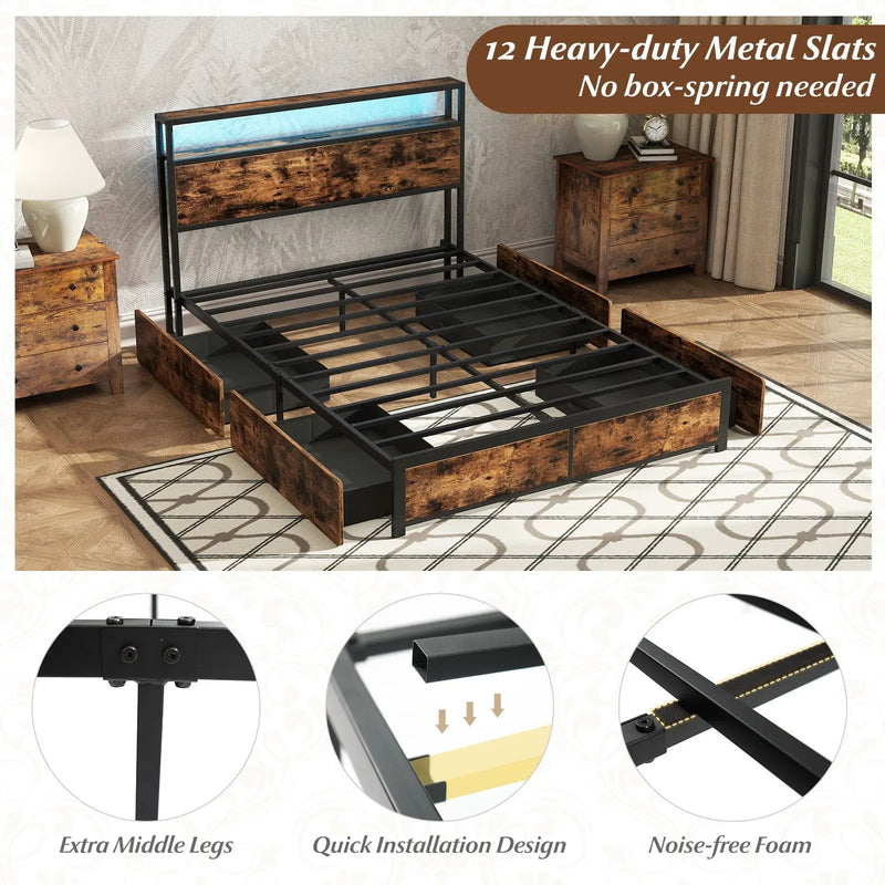 Full/Queen Size LED Bed Frame with Charging Station and 4 Storage Drawers by DirectDeals