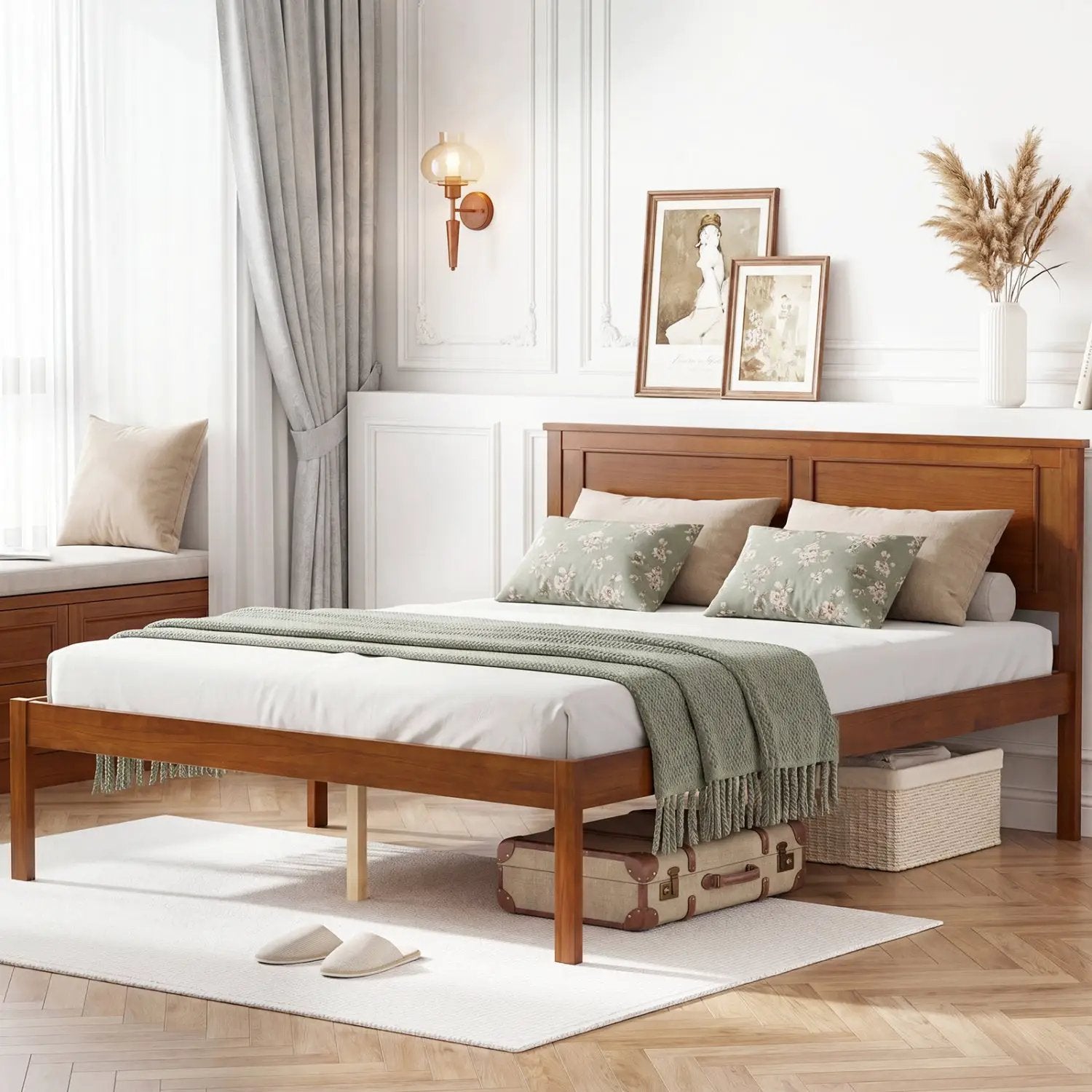 Full/Queen/Twin Size Bed Frame Farmhouse Wooden Platform Bed with Headboard by DirectDeals