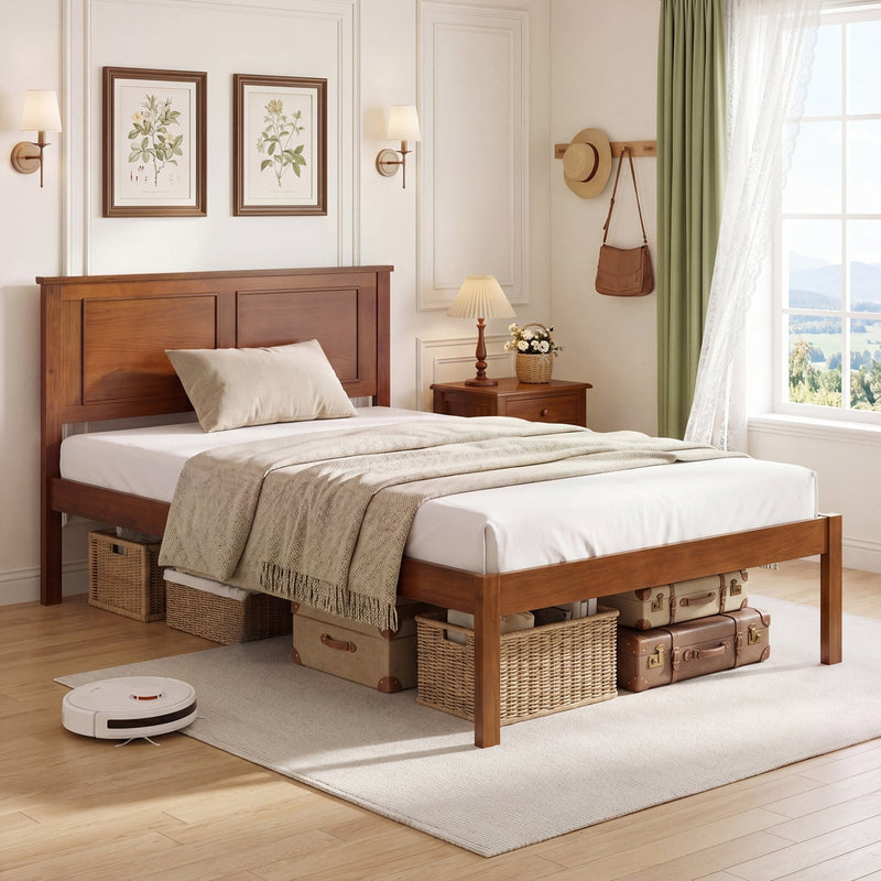 Full/Queen/Twin Size Bed Frame Farmhouse Wooden Platform Bed with Headboard by DirectDeals
