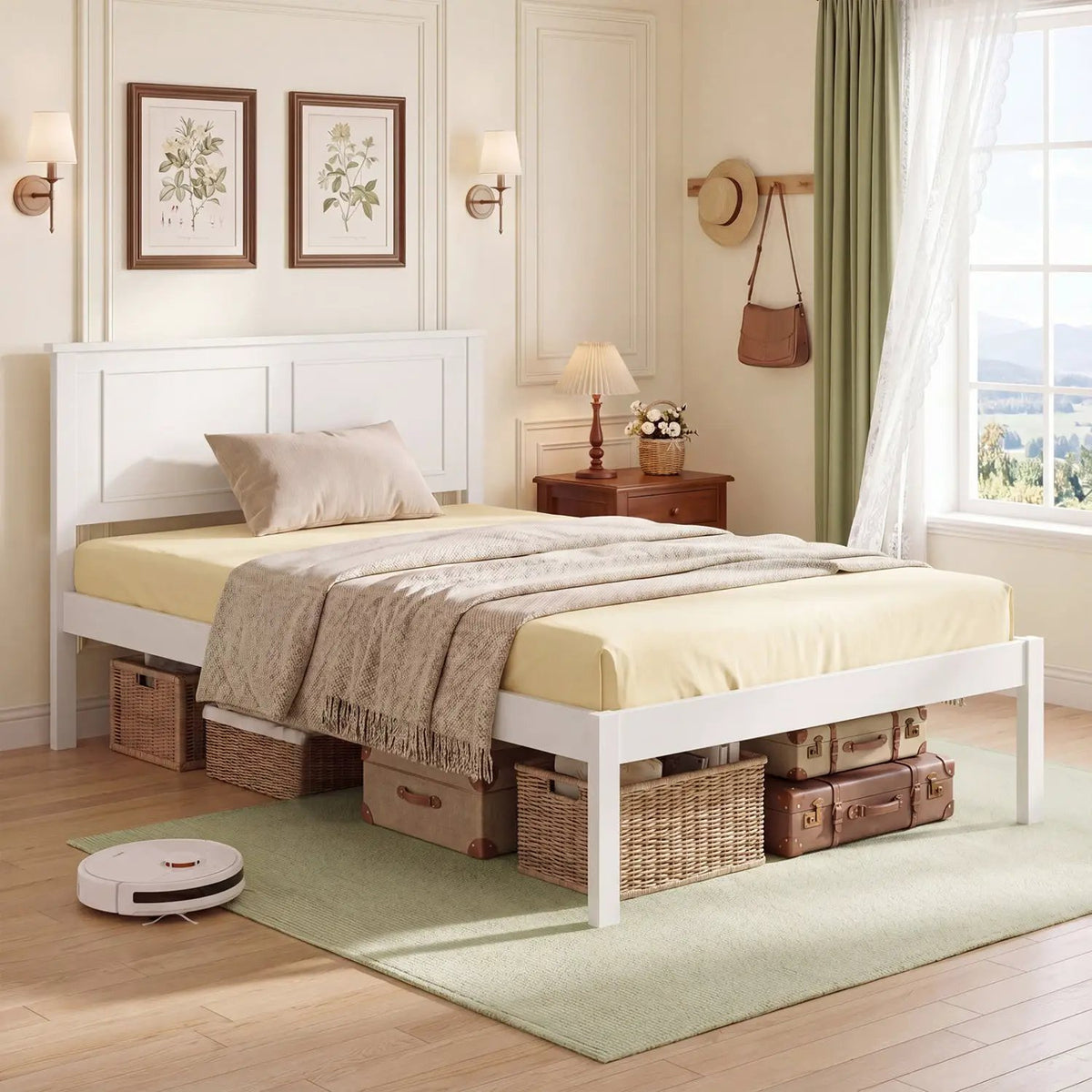 Full/Queen/Twin Size Bed Frame Farmhouse Wooden Platform Bed with Headboard White, photo 6 of 24