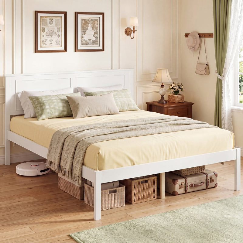 Full/Queen/Twin Size Bed Frame Farmhouse Wooden Platform Bed with Headboard White by DirectDeals