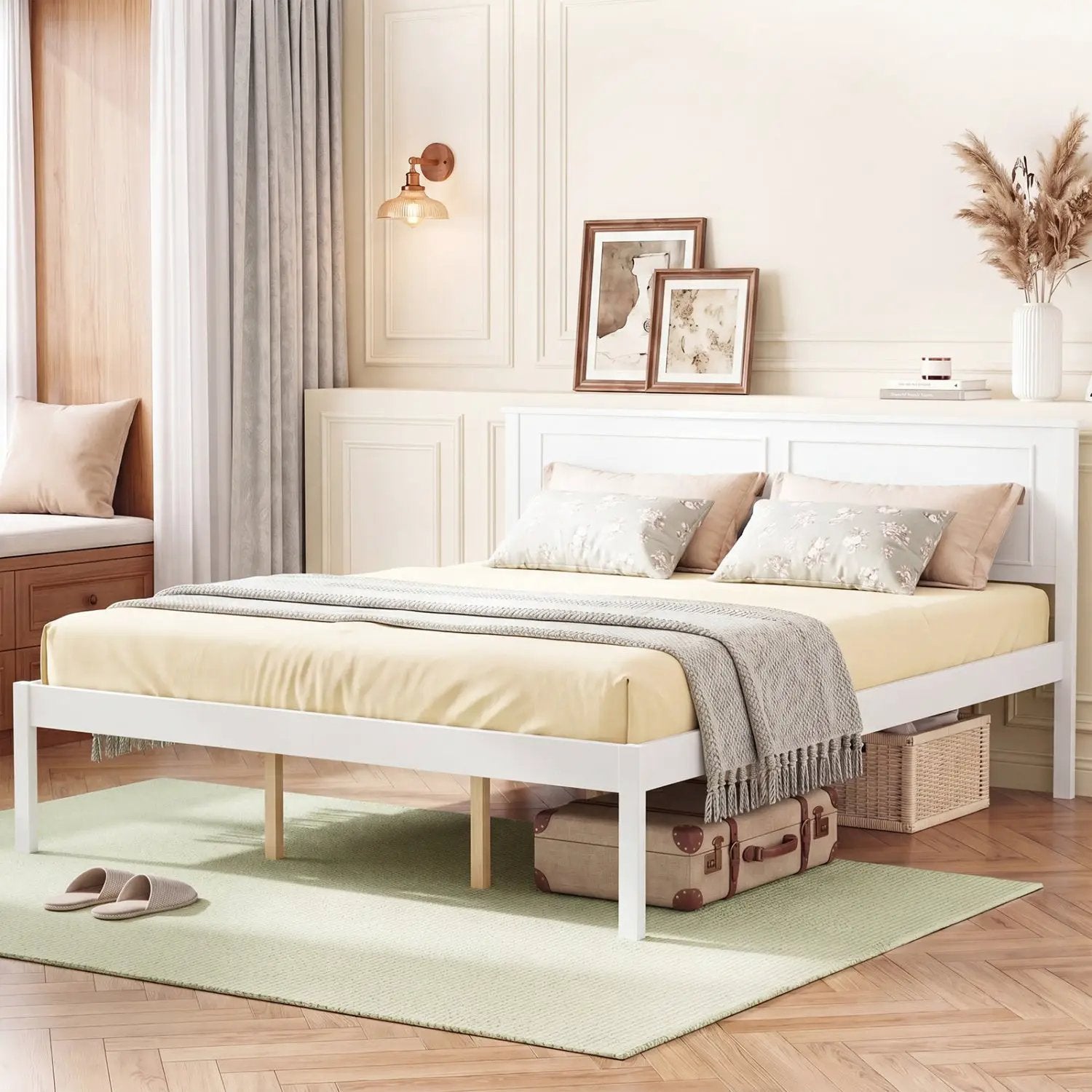 Full/Queen/Twin Size Bed Frame Farmhouse Wooden Platform Bed with Headboard White by DirectDeals