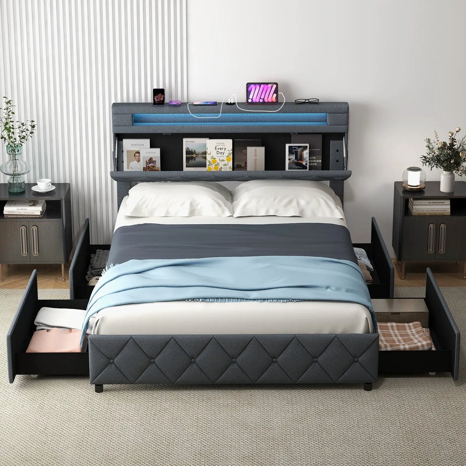 Full/Queen Size Bed Frame with Adjustable Storage Headboard and Wooden Slat Support by DirectDeals
