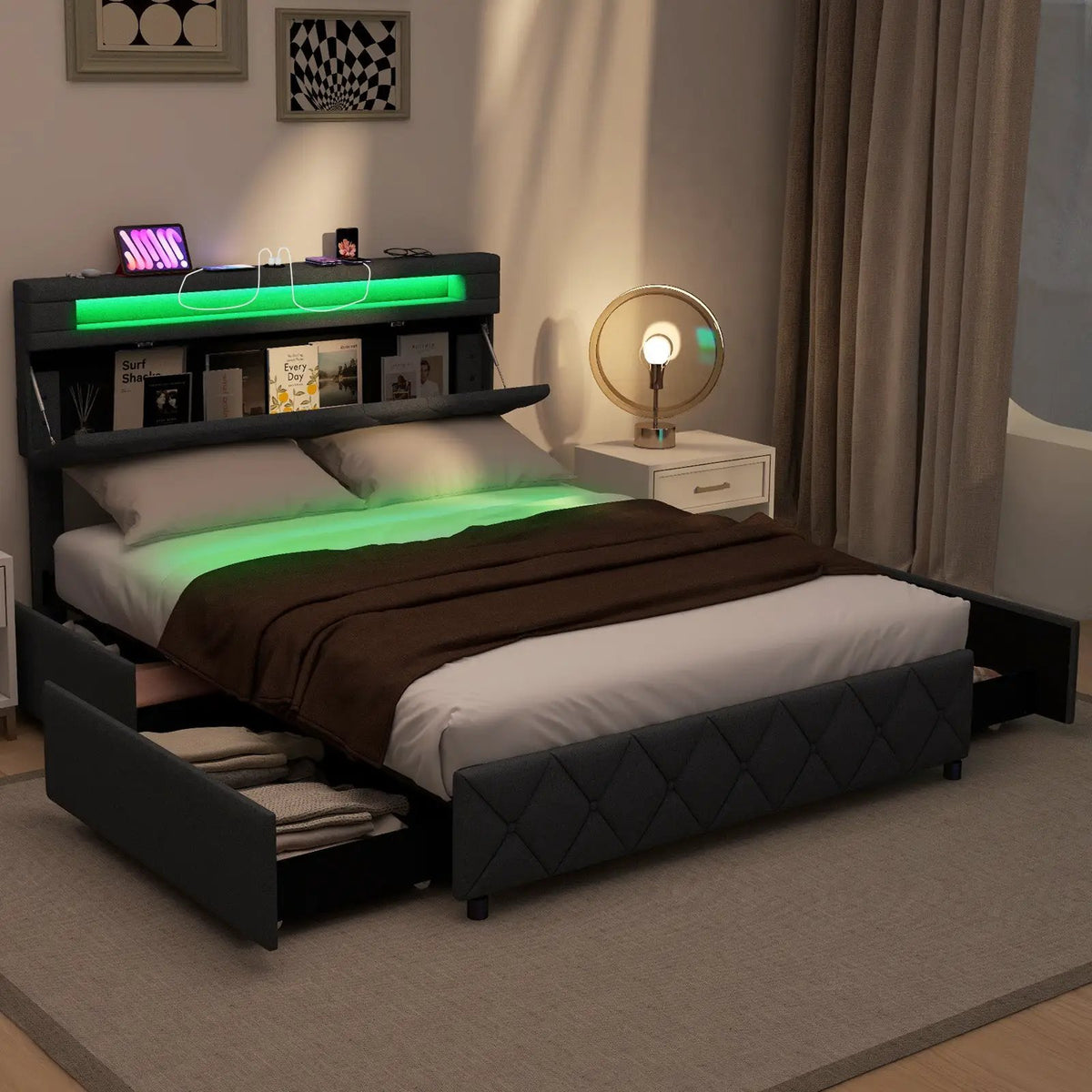 Full/Queen Size Bed Frame with Adjustable Storage Headboard and Wooden Slat Support, photo 2 of 9
