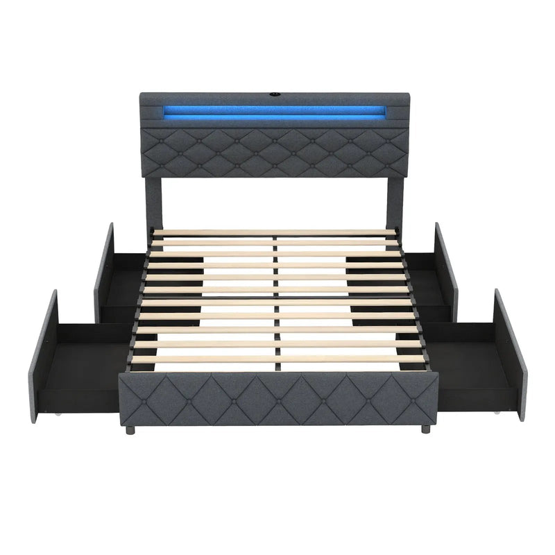 Full/Queen Size Bed Frame with Adjustable Storage Headboard and Wooden Slat Support by DirectDeals