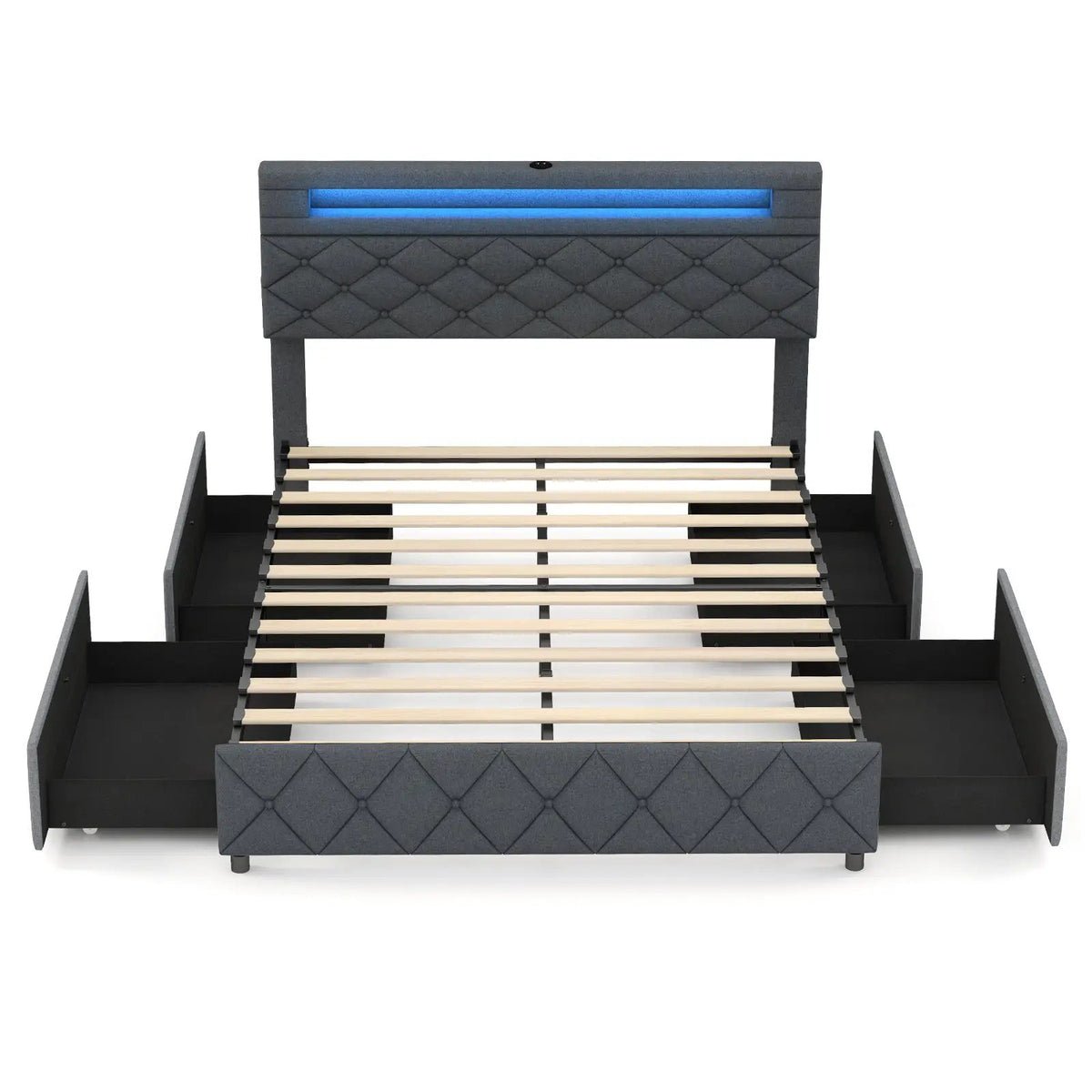 Full/Queen Size Bed Frame with Adjustable Storage Headboard and Wooden Slat Support, photo 4 of 9