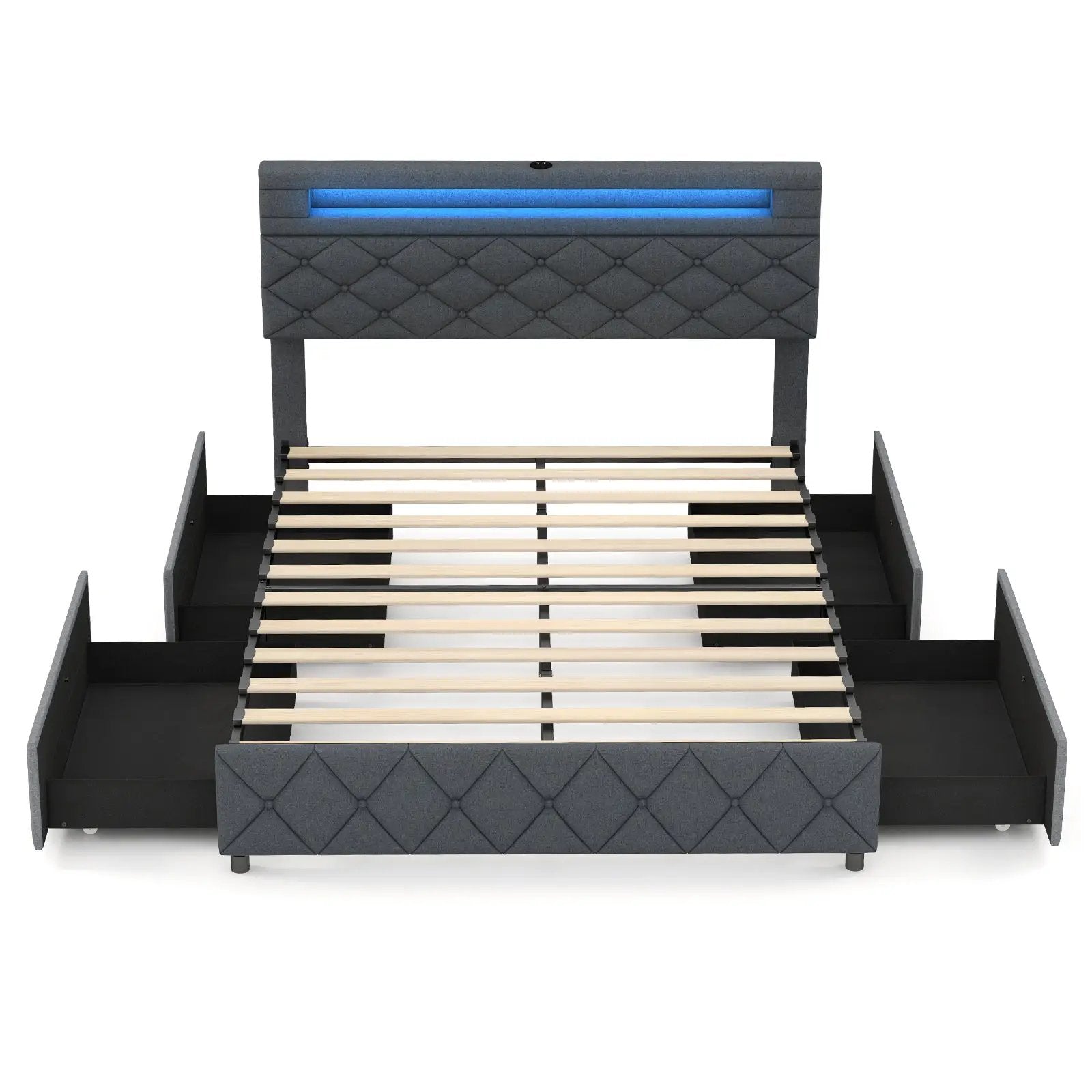 Full/Queen Size Bed Frame with Adjustable Storage Headboard and Wooden Slat Support by DirectDeals