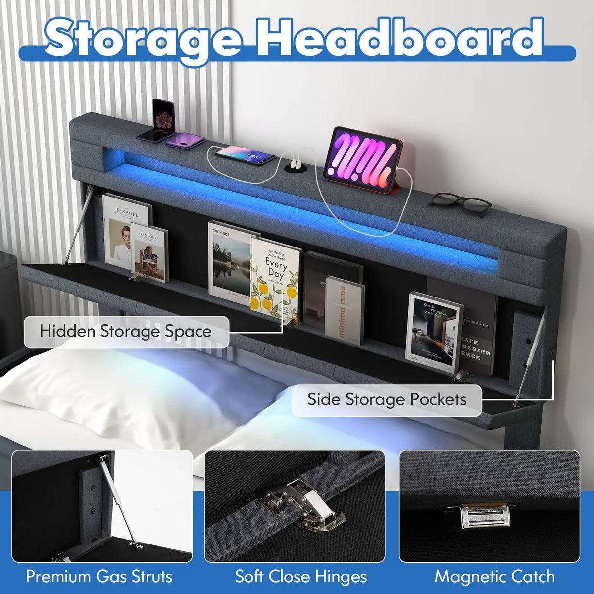Full/Queen Size Bed Frame with Adjustable Storage Headboard and Wooden Slat Support, photo 8 of 9