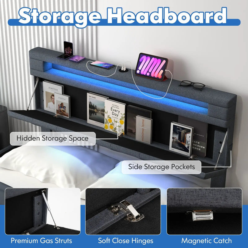 Full/Queen Size Bed Frame with Adjustable Storage Headboard and Wooden Slat Support by DirectDeals