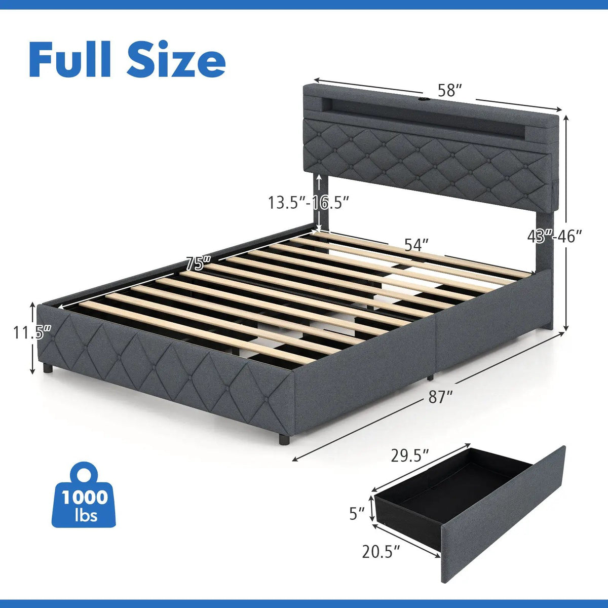 Full/Queen Size Bed Frame with Adjustable Storage Headboard and Wooden Slat Support, photo 5 of 9