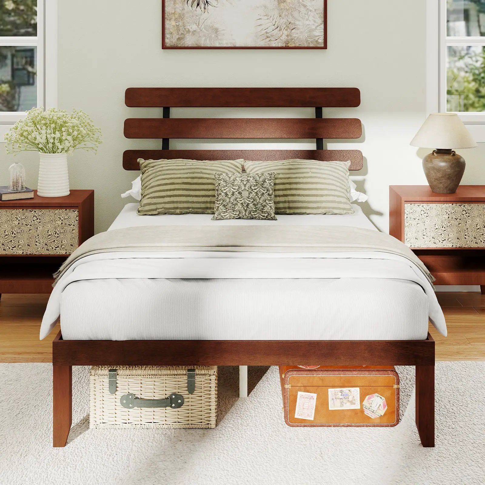 Full Size Bed Frame 15.5 Inch Solid Wood Platform Bed with Retro Headboard by DirectDeals
