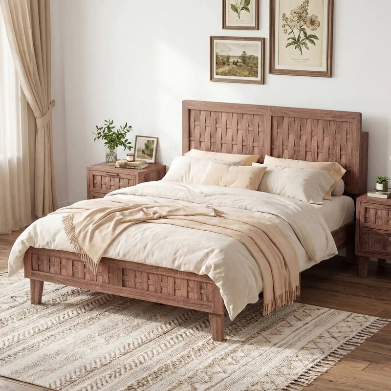 Twin Size Bed Frame Mid Century with Woven Accent Headboard by DirectDeals