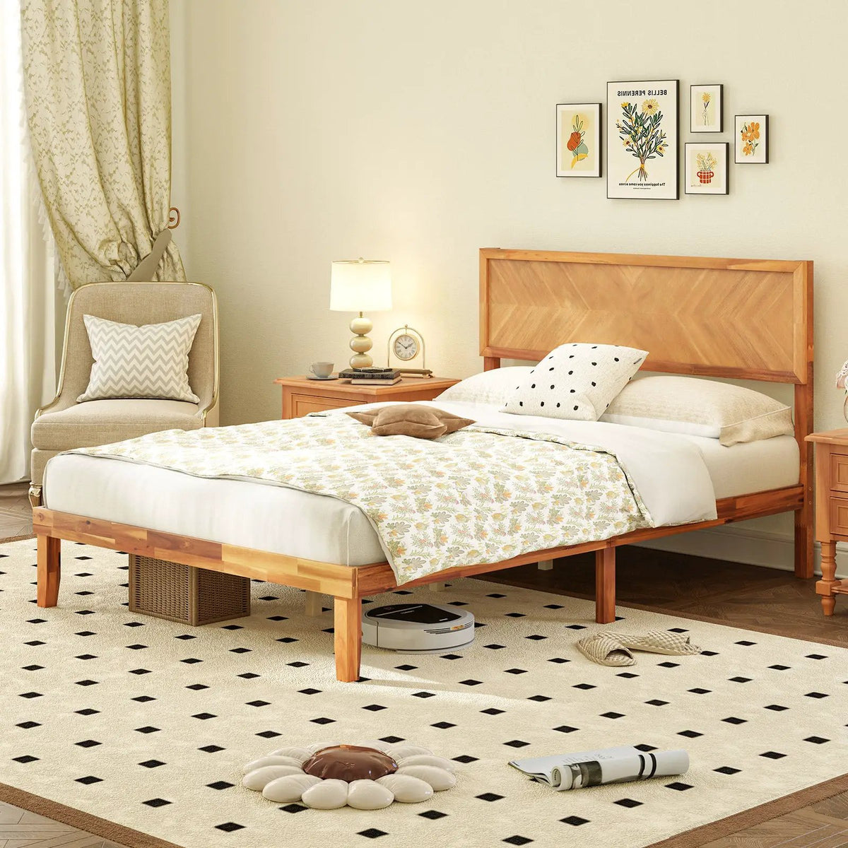Twin/Full/Queen Size Bed Frame with Headboard and Storage Space