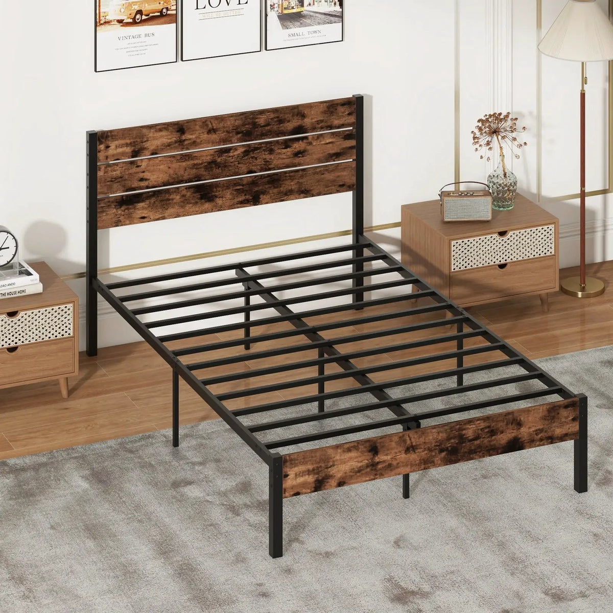 Full/King/Queen/Twin Size Bed Frame with High Headboard and Mute Bar