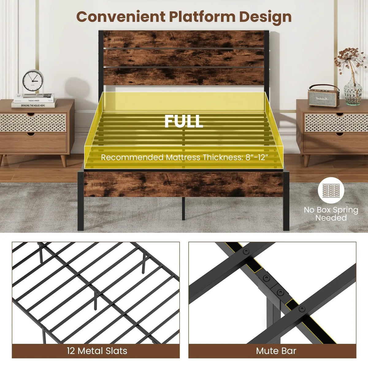 Full/King/Queen/Twin Size Bed Frame with High Headboard and Mute Bar, photo 7 of 11
