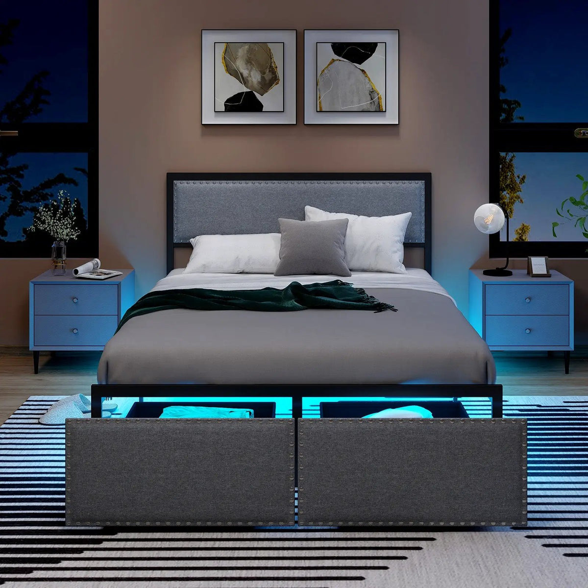 Full/Queen/Twin Size Bed Frame with LED Lights Drawer and Metal Slats, photo 2 of 10