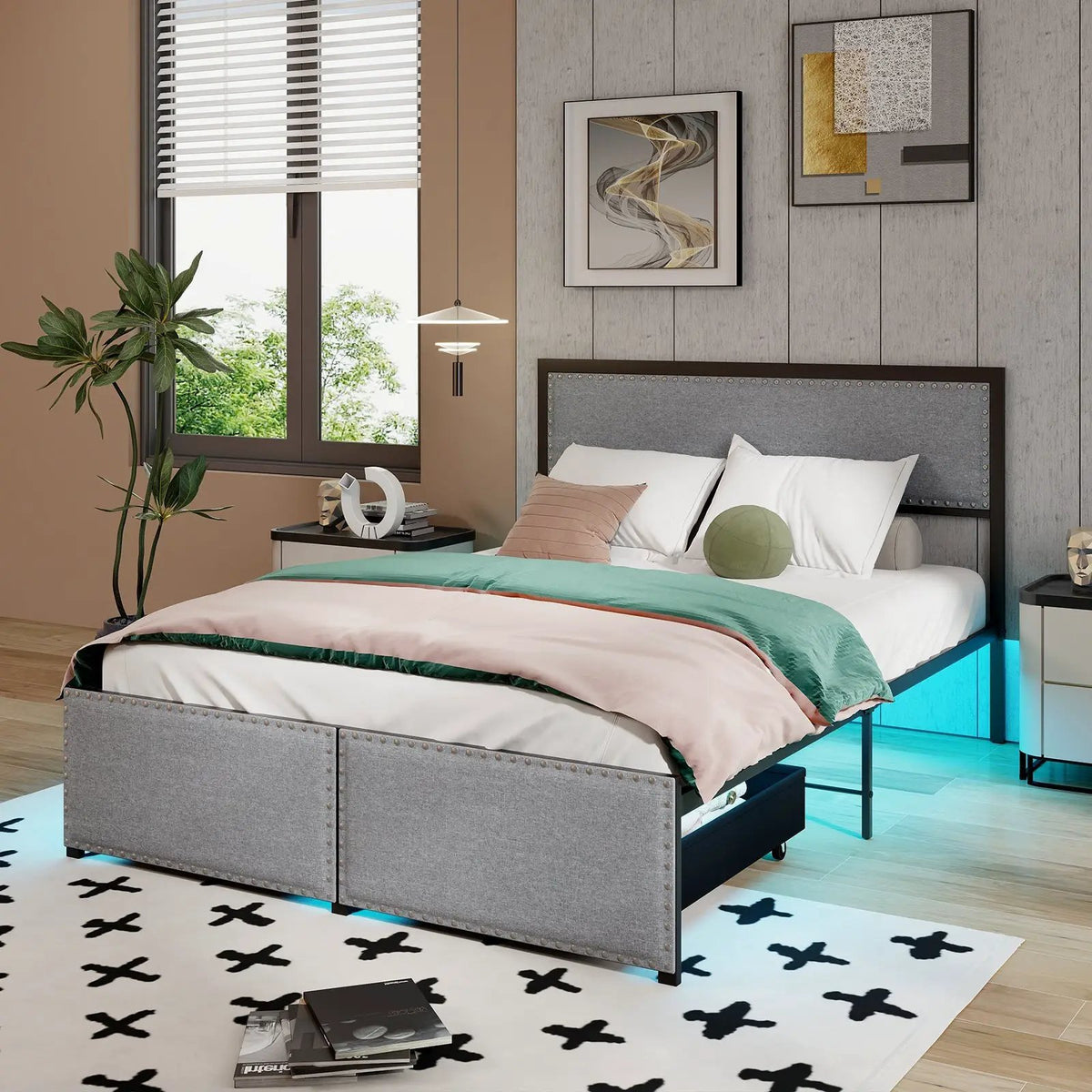 Full/Queen/Twin Size Bed Frame with LED Lights Drawer and Metal Slats, photo 5 of 10