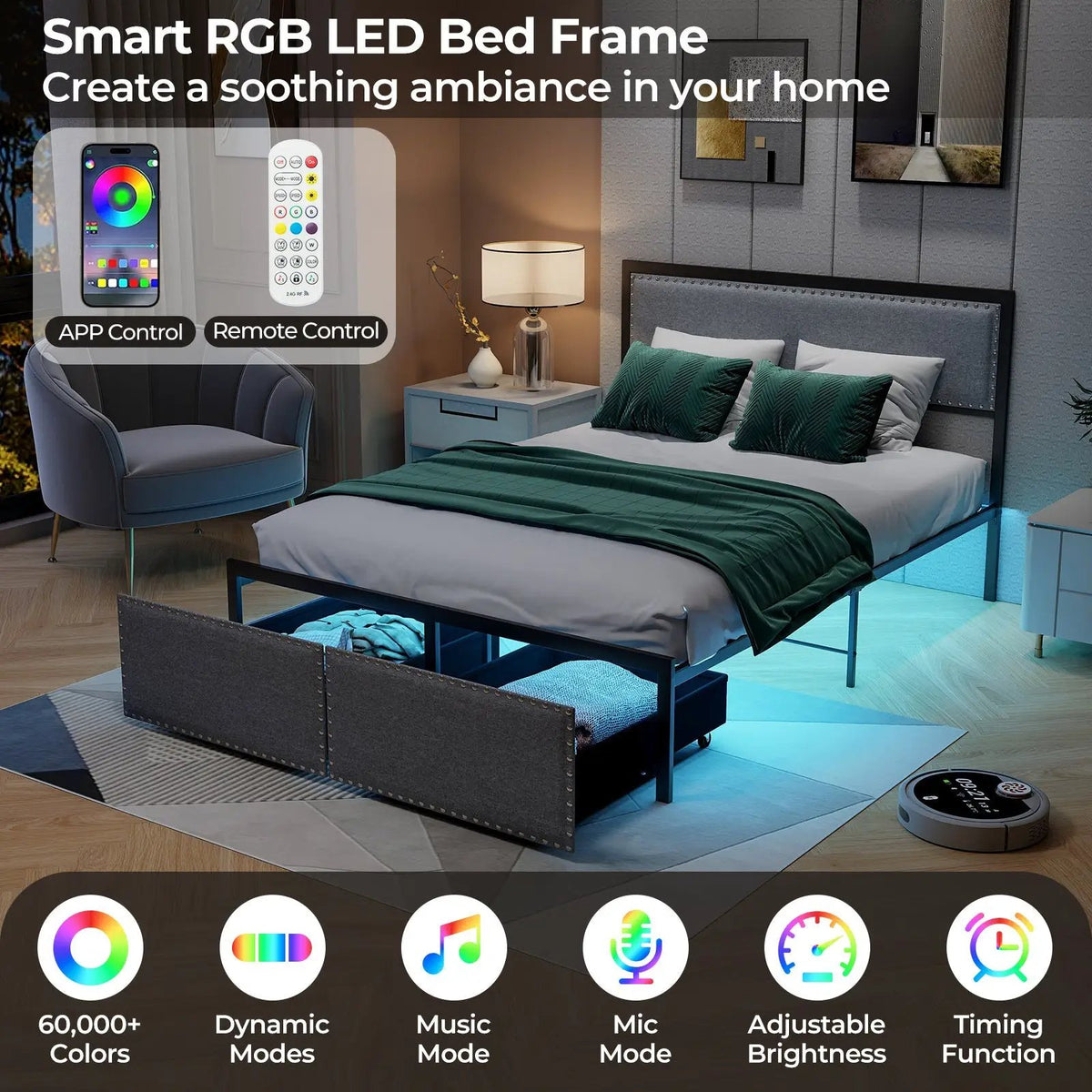 Full/Queen/Twin Size Bed Frame with LED Lights Drawer and Metal Slats, photo 6 of 10