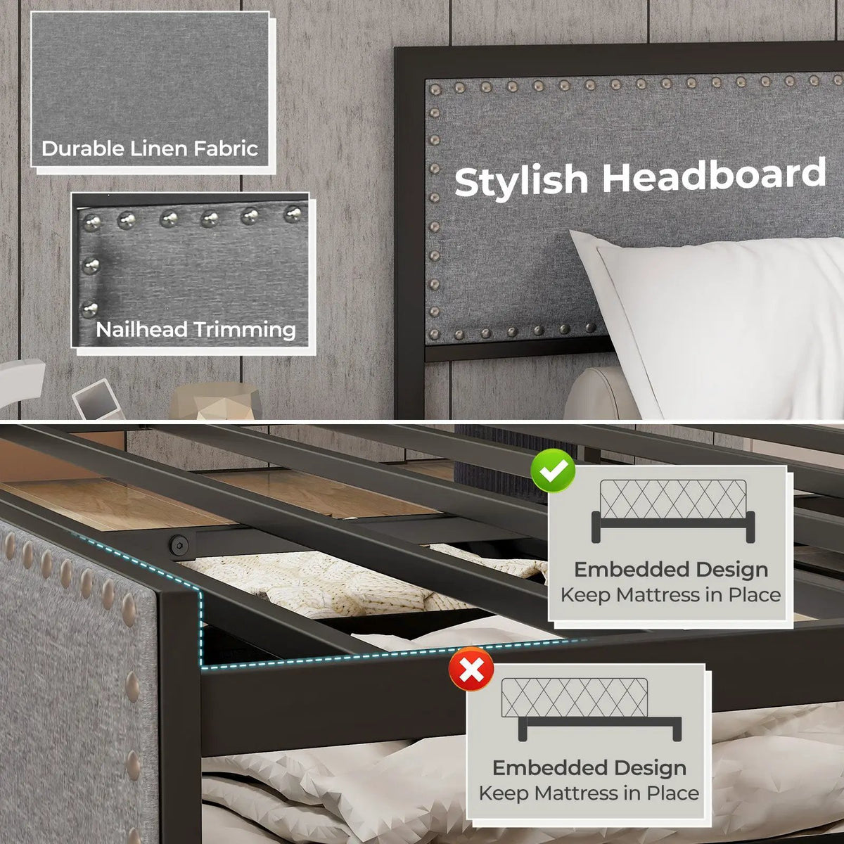 Full/Queen/Twin Size Bed Frame with LED Lights Drawer and Metal Slats, photo 8 of 10