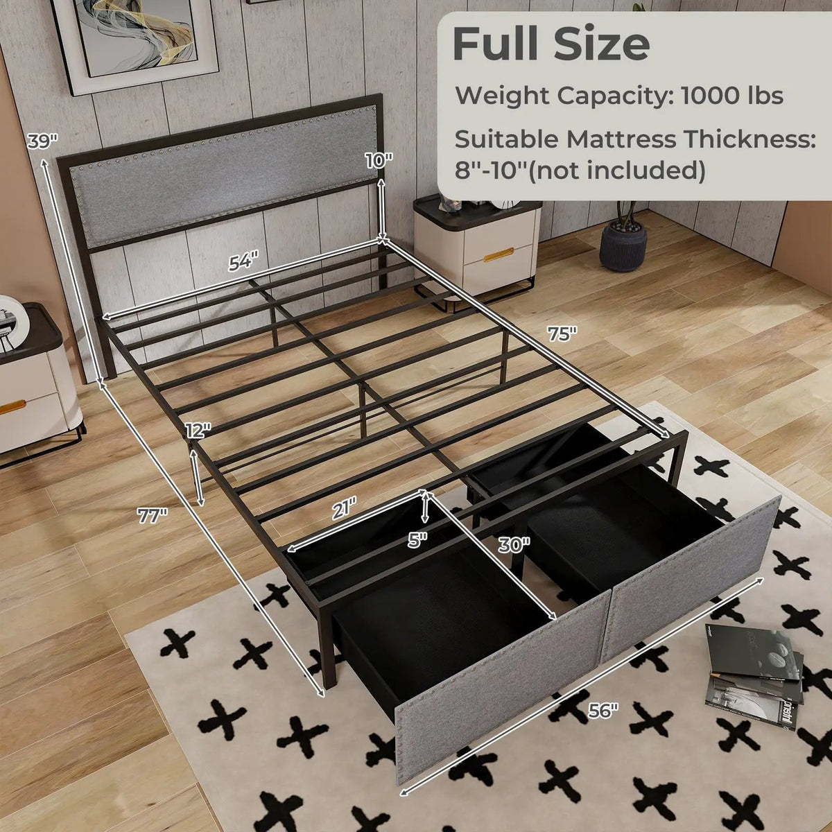 Full/Queen/Twin Size Bed Frame with LED Lights Drawer and Metal Slats, photo 4 of 10