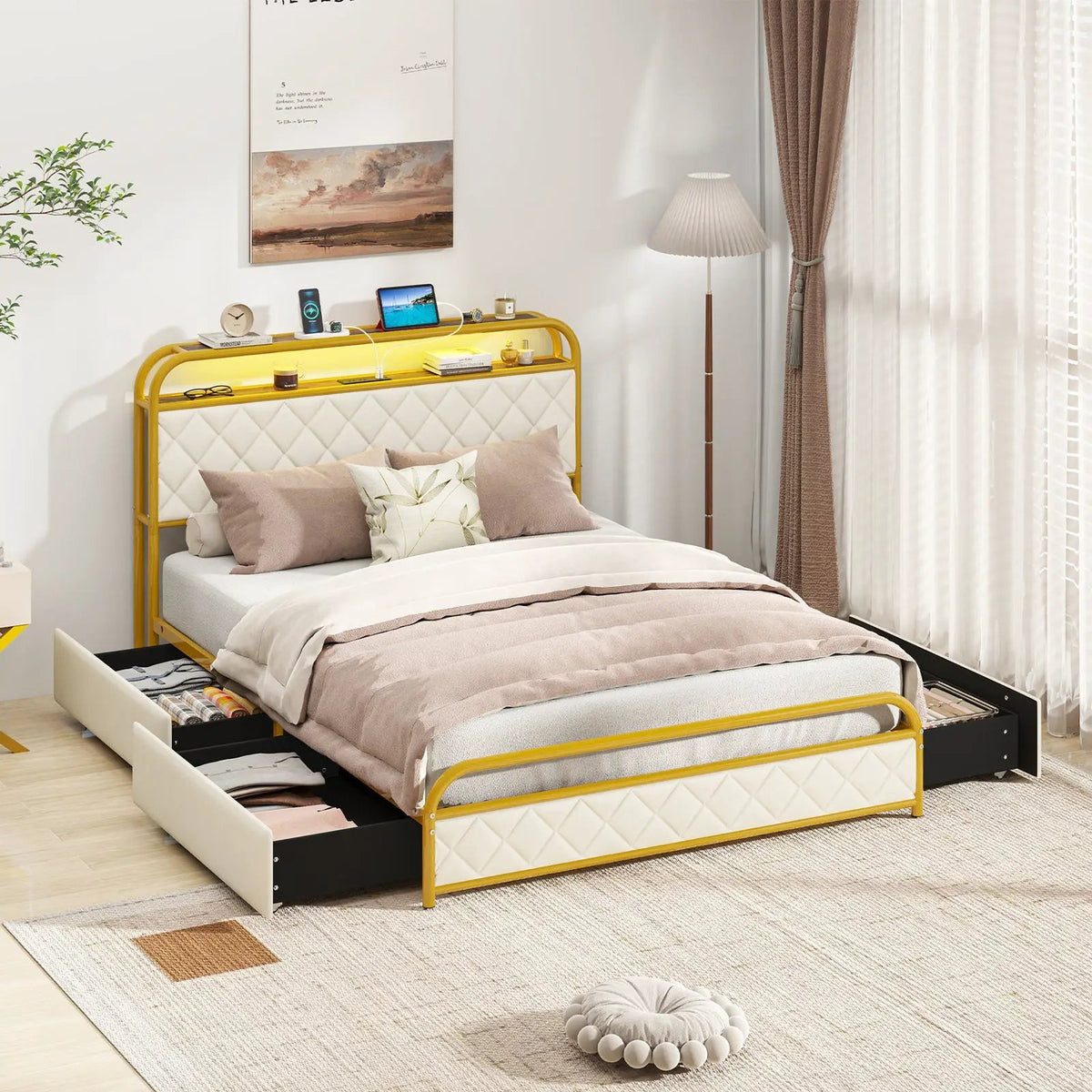 Twin/Full/Queen Size Bed Frame with LED Lights and Charging Station Gold