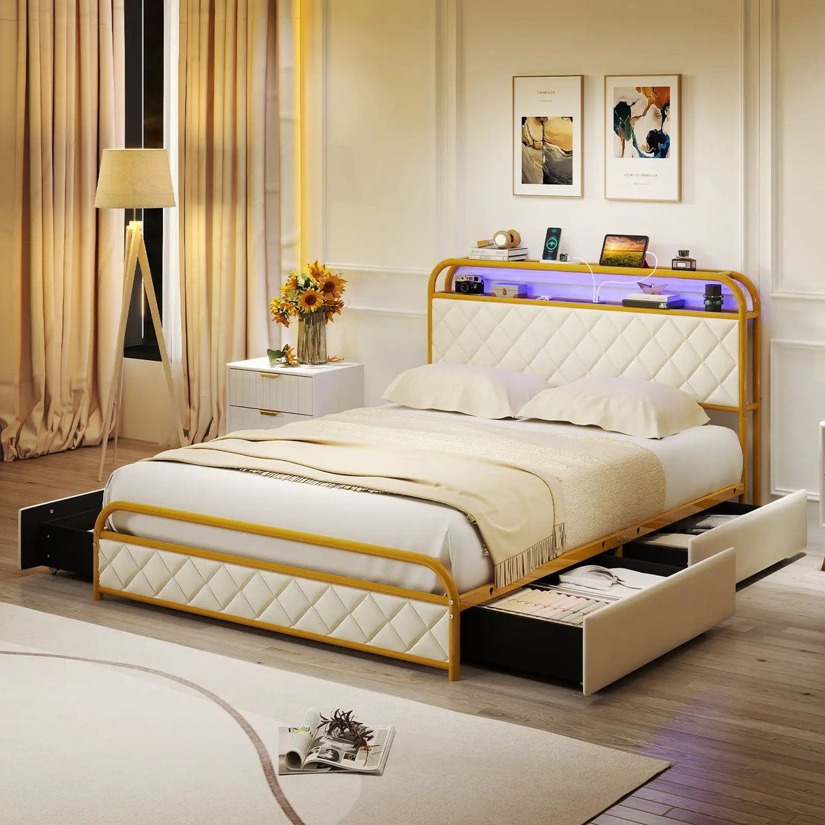 Twin/Full/Queen Size Bed Frame with LED Lights and Charging Station Gold, photo 2 of 10