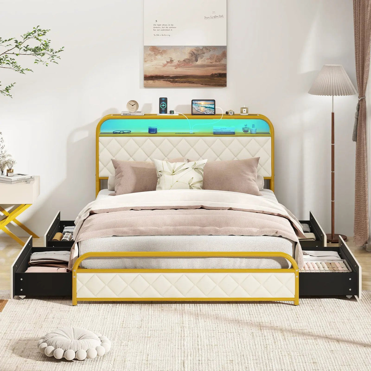 Twin/Full/Queen Size Bed Frame with LED Lights and Charging Station Gold, photo 5 of 10