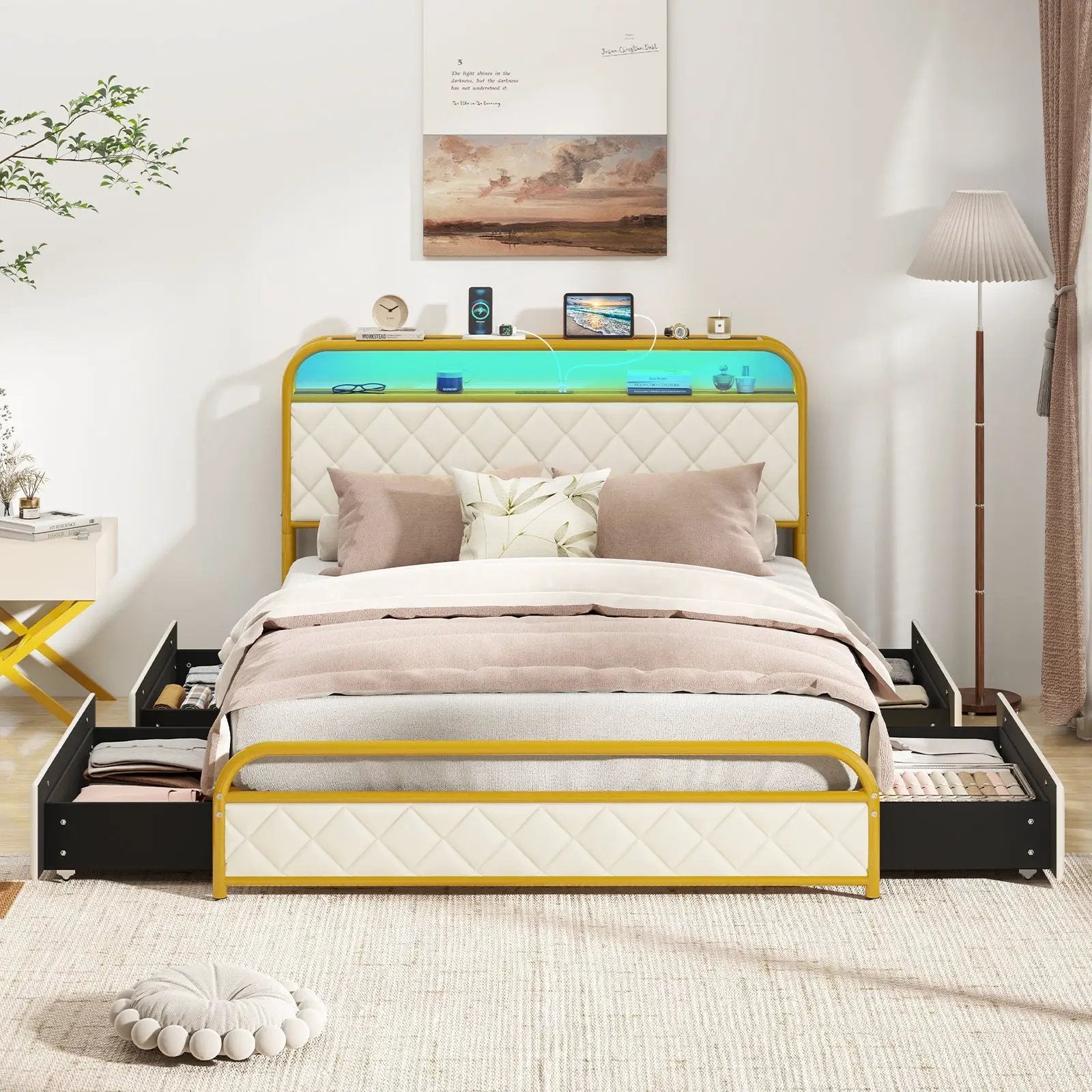 Twin/Full/Queen Size Bed Frame with LED Lights and Charging Station Gold by DirectDeals