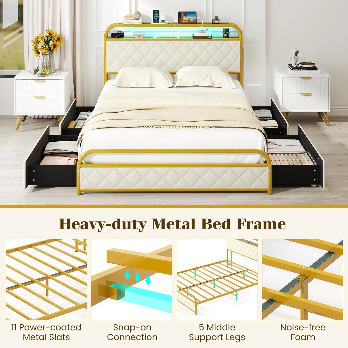 Twin/Full/Queen Size Bed Frame with LED Lights and Charging Station Gold, photo 6 of 10