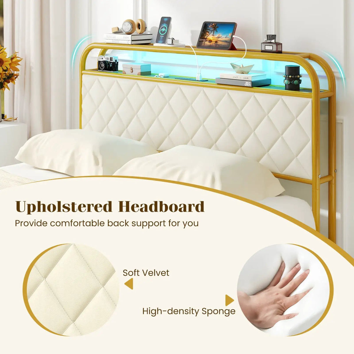 Twin/Full/Queen Size Bed Frame with LED Lights and Charging Station Gold, photo 7 of 10