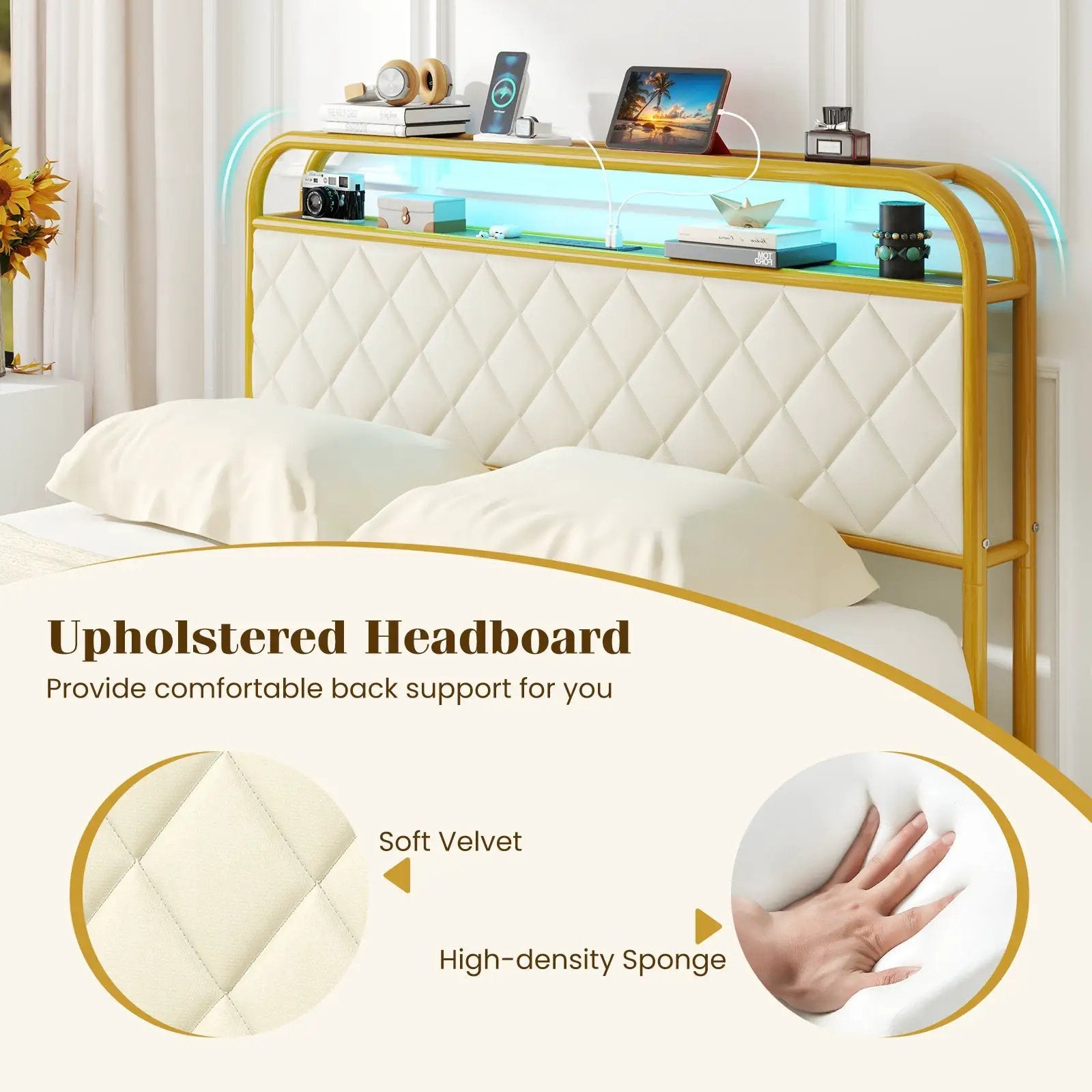 Twin/Full/Queen Size Bed Frame with LED Lights and Charging Station Gold by DirectDeals