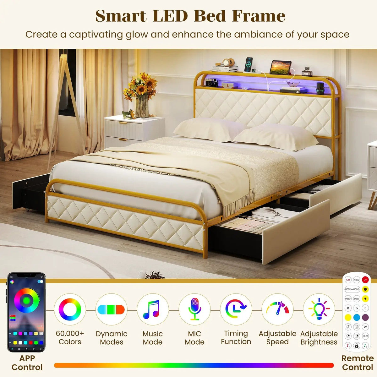 Twin/Full/Queen Size Bed Frame with LED Lights and Charging Station Gold, photo 8 of 10