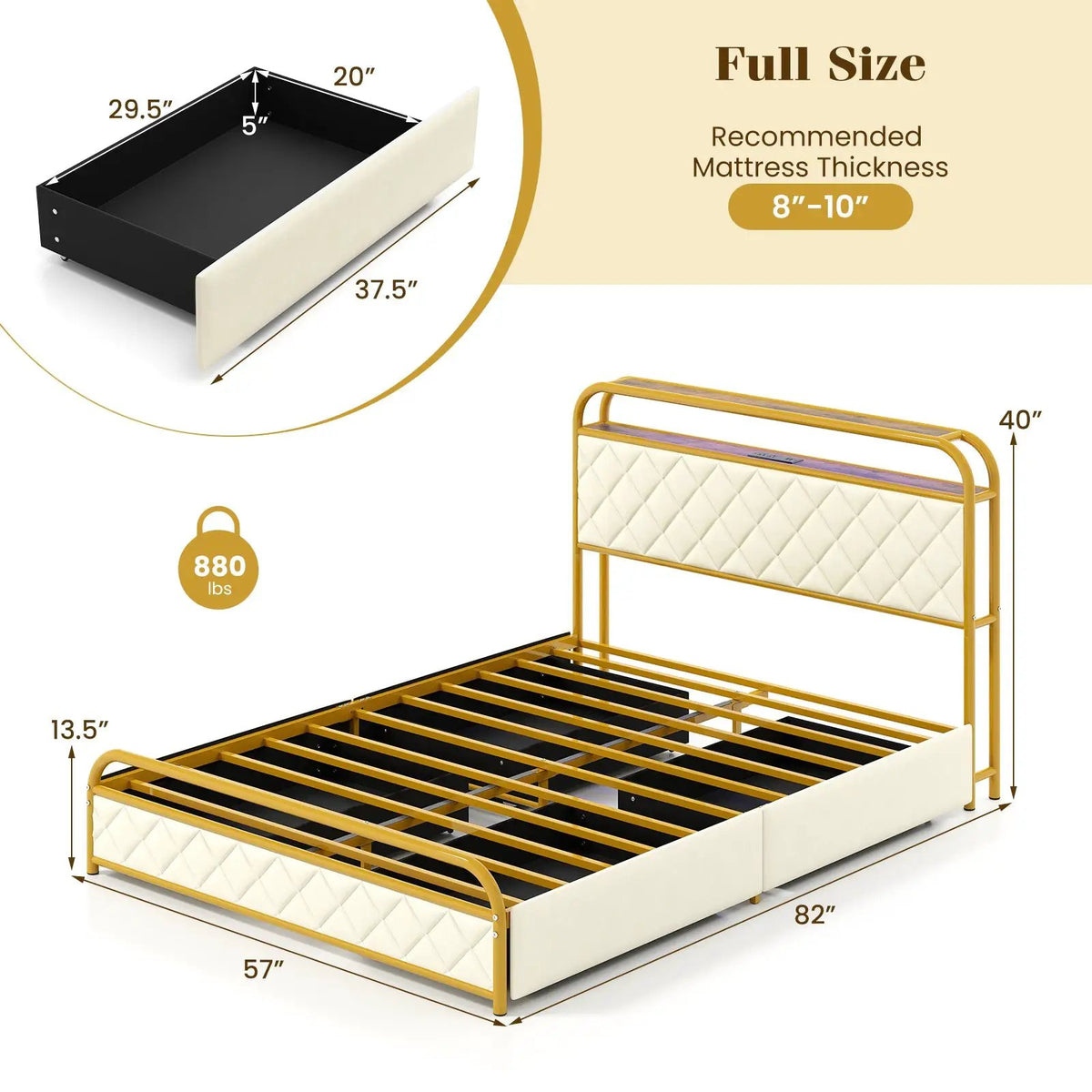 Twin/Full/Queen Size Bed Frame with LED Lights and Charging Station Gold, photo 4 of 10