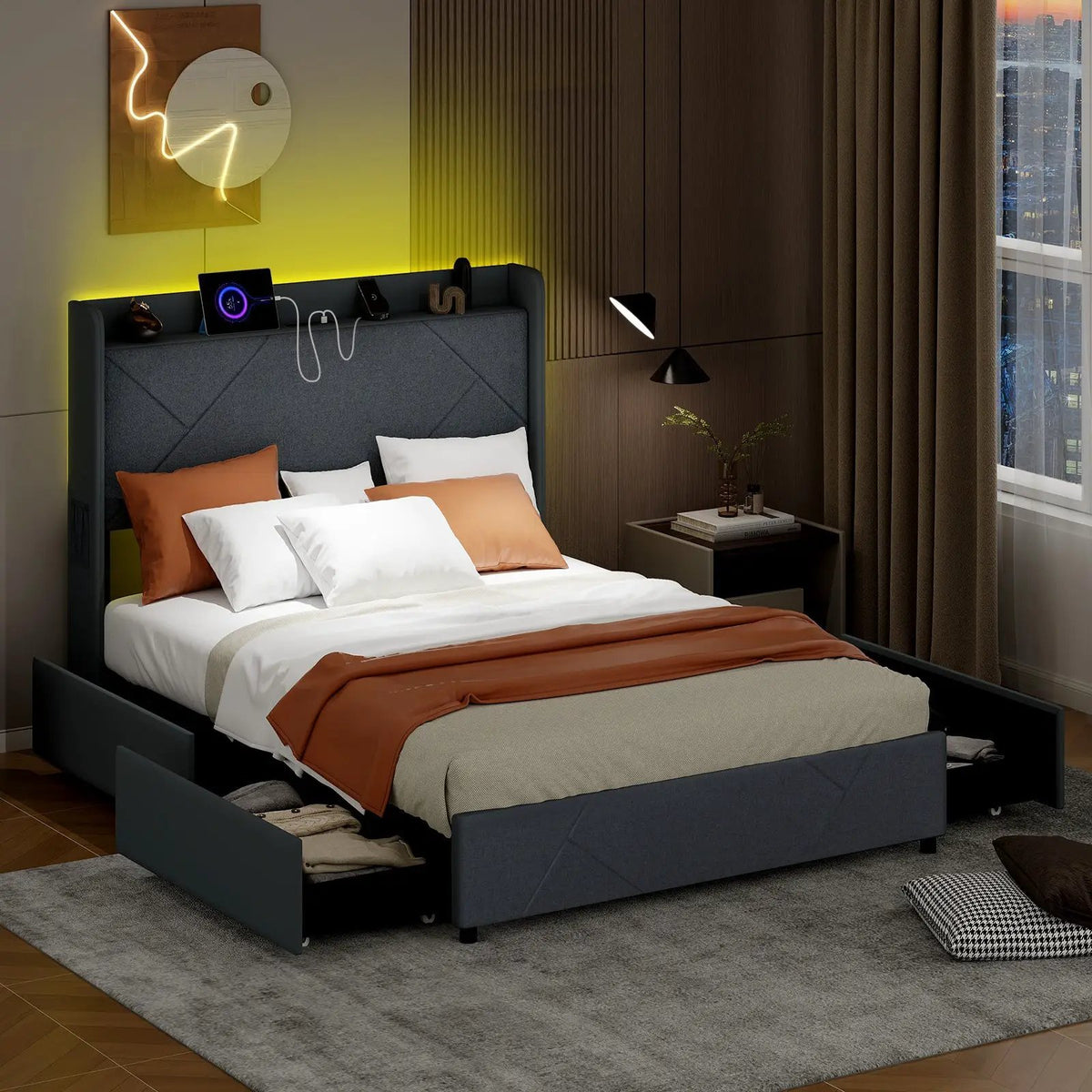 Full/Queen Size Bed Frame with LED Lights and Charging Station