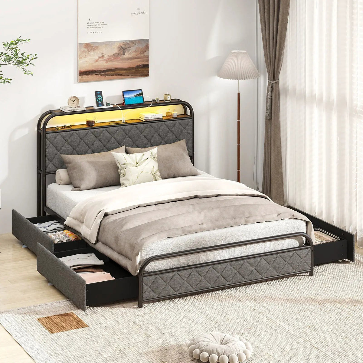 Twin/Full/Queen Size Bed Frame with LED Lights and Charging Station