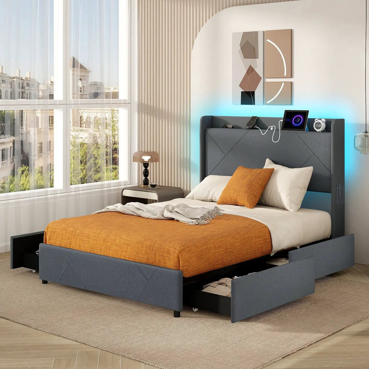Full/Queen Size Bed Frame with LED Lights and Charging Station, photo 2 of 9