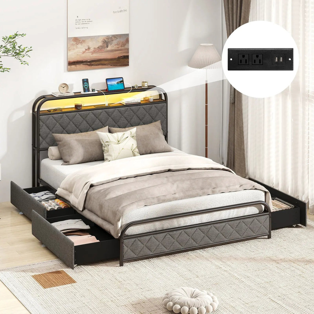 Twin/Full/Queen Size Bed Frame with LED Lights and Charging Station, photo 2 of 10