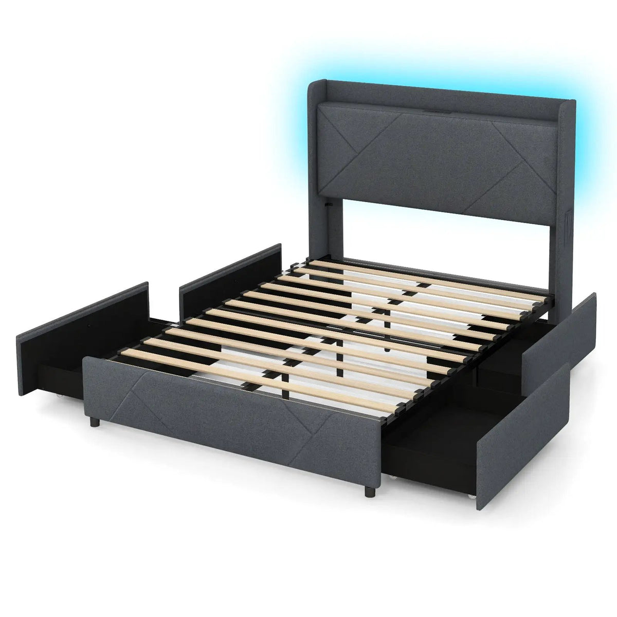 Full/Queen Size Bed Frame with LED Lights and Charging Station, photo 3 of 9