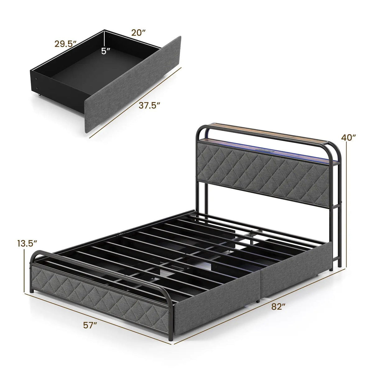 Twin/Full/Queen Size Bed Frame with LED Lights and Charging Station, photo 4 of 10