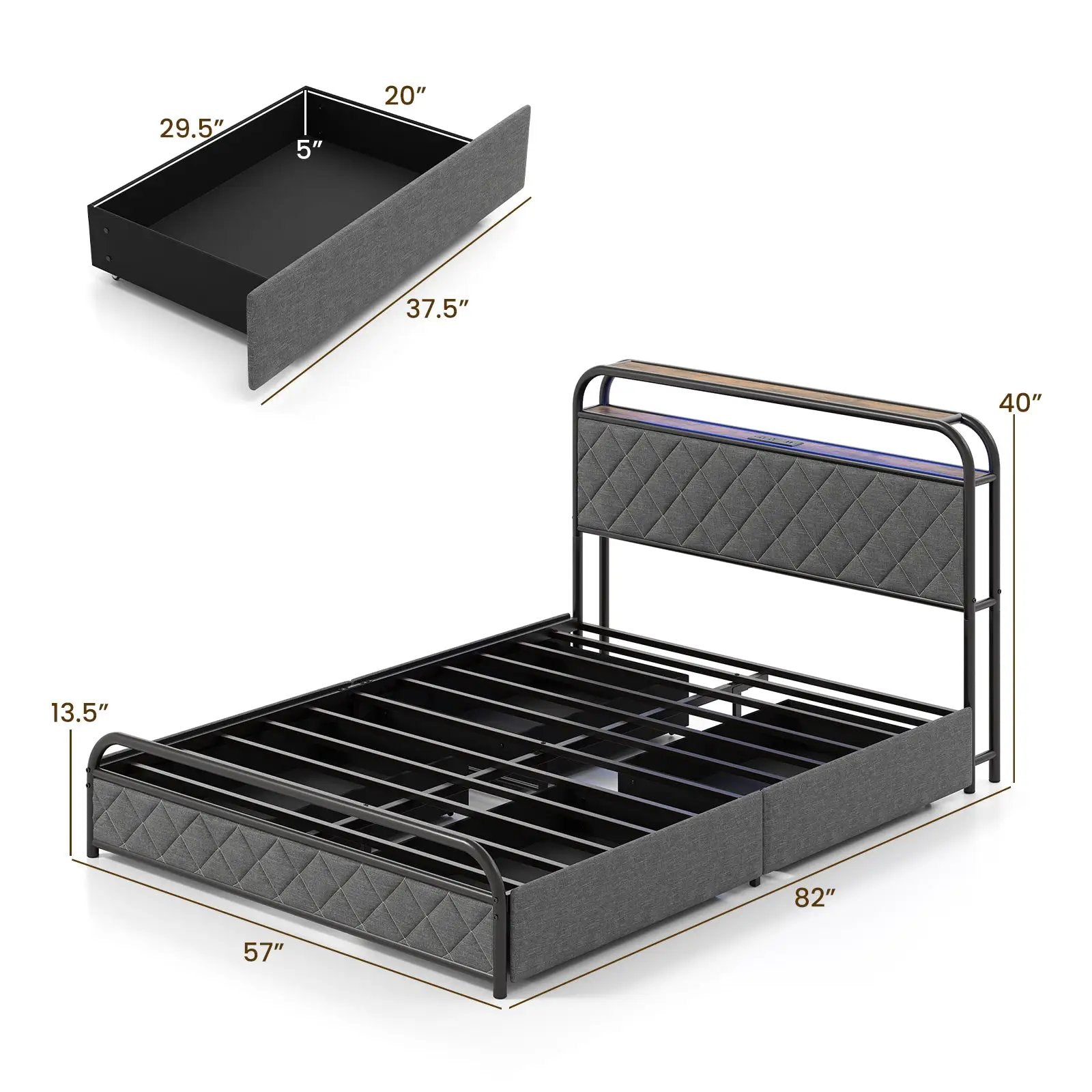Twin/Full/Queen Size Bed Frame with LED Lights and Charging Station by DirectDeals