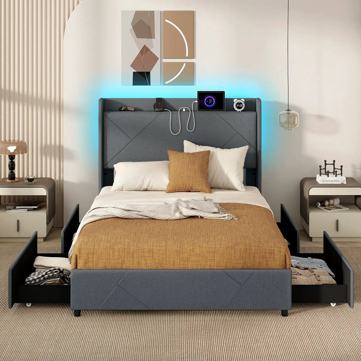 Full/Queen Size Bed Frame with LED Lights and Charging Station, photo 5 of 9