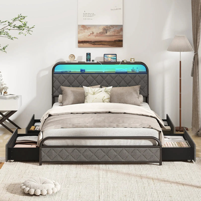 Twin/Full/Queen Size Bed Frame with LED Lights and Charging Station by DirectDeals