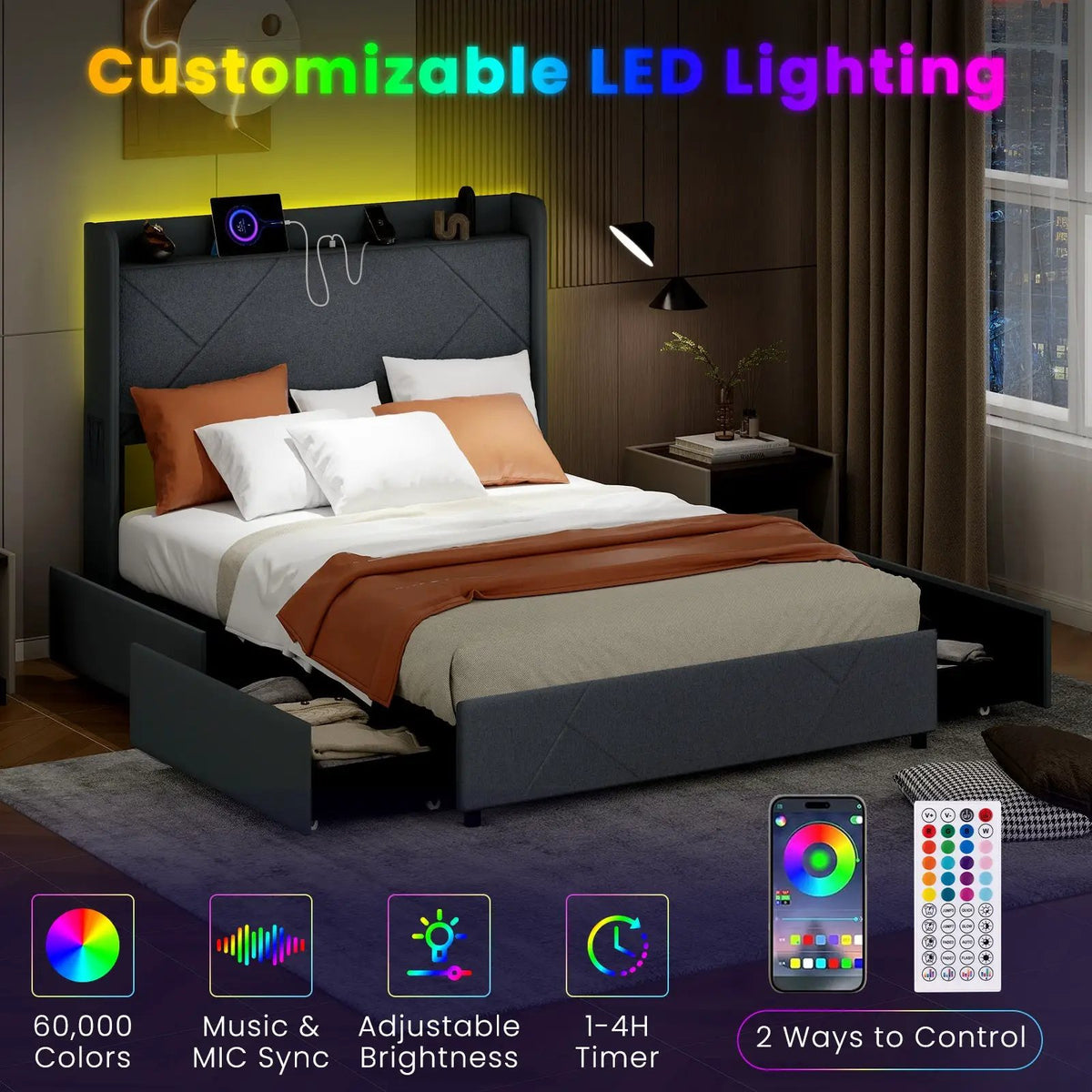 Full/Queen Size Bed Frame with LED Lights and Charging Station, photo 6 of 9