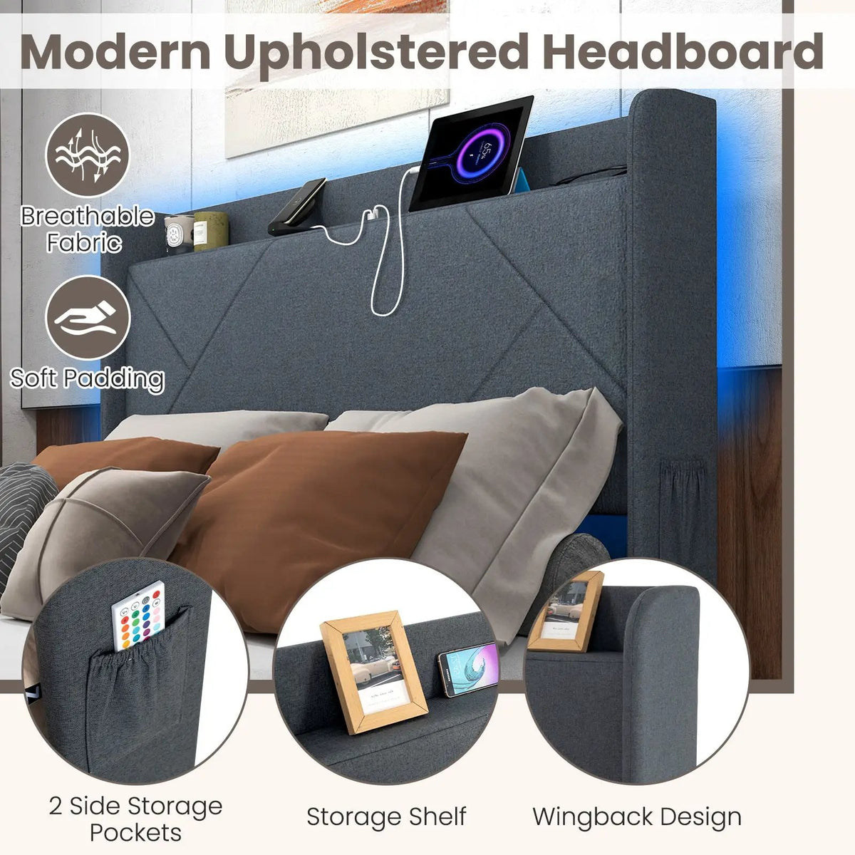 Full/Queen Size Bed Frame with LED Lights and Charging Station, photo 7 of 9