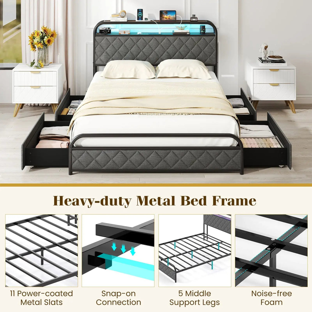 Twin/Full/Queen Size Bed Frame with LED Lights and Charging Station, photo 7 of 10