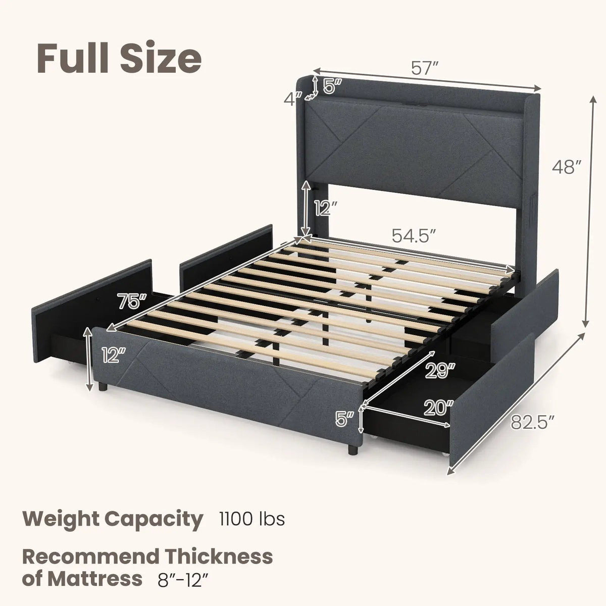 Full/Queen Size Bed Frame with LED Lights and Charging Station, photo 4 of 9