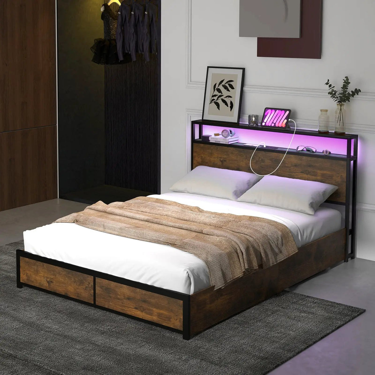 Full/Queen Size Bed Frame with Smart LED Lights and Storage Drawers, photo 2 of 9