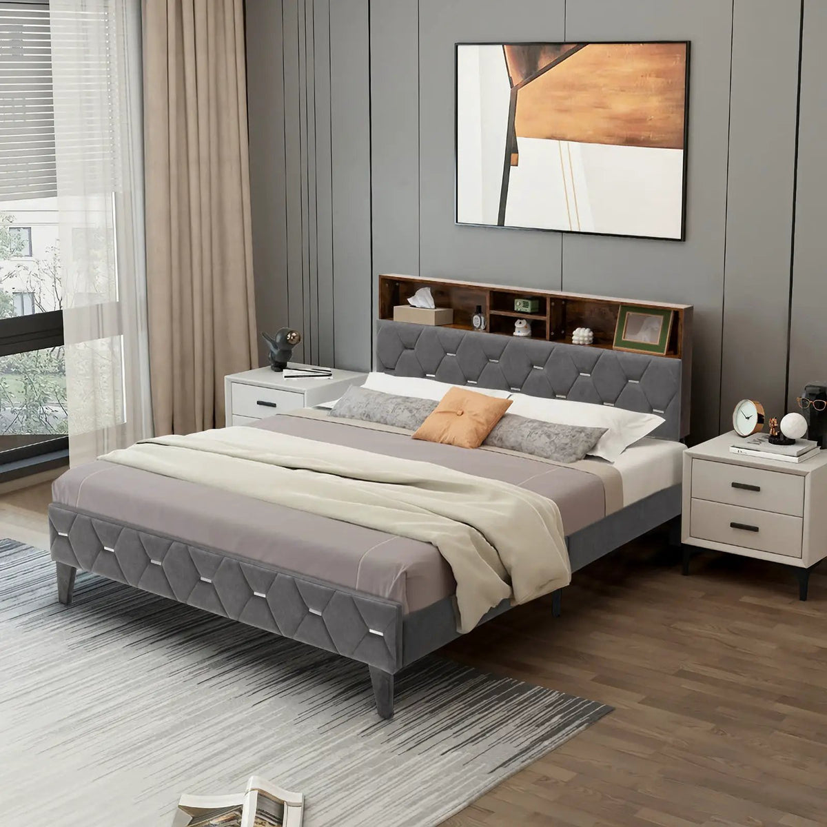 Full/Queen Size Upholstered Bed Frame with Storage Headboard, photo 2 of 9