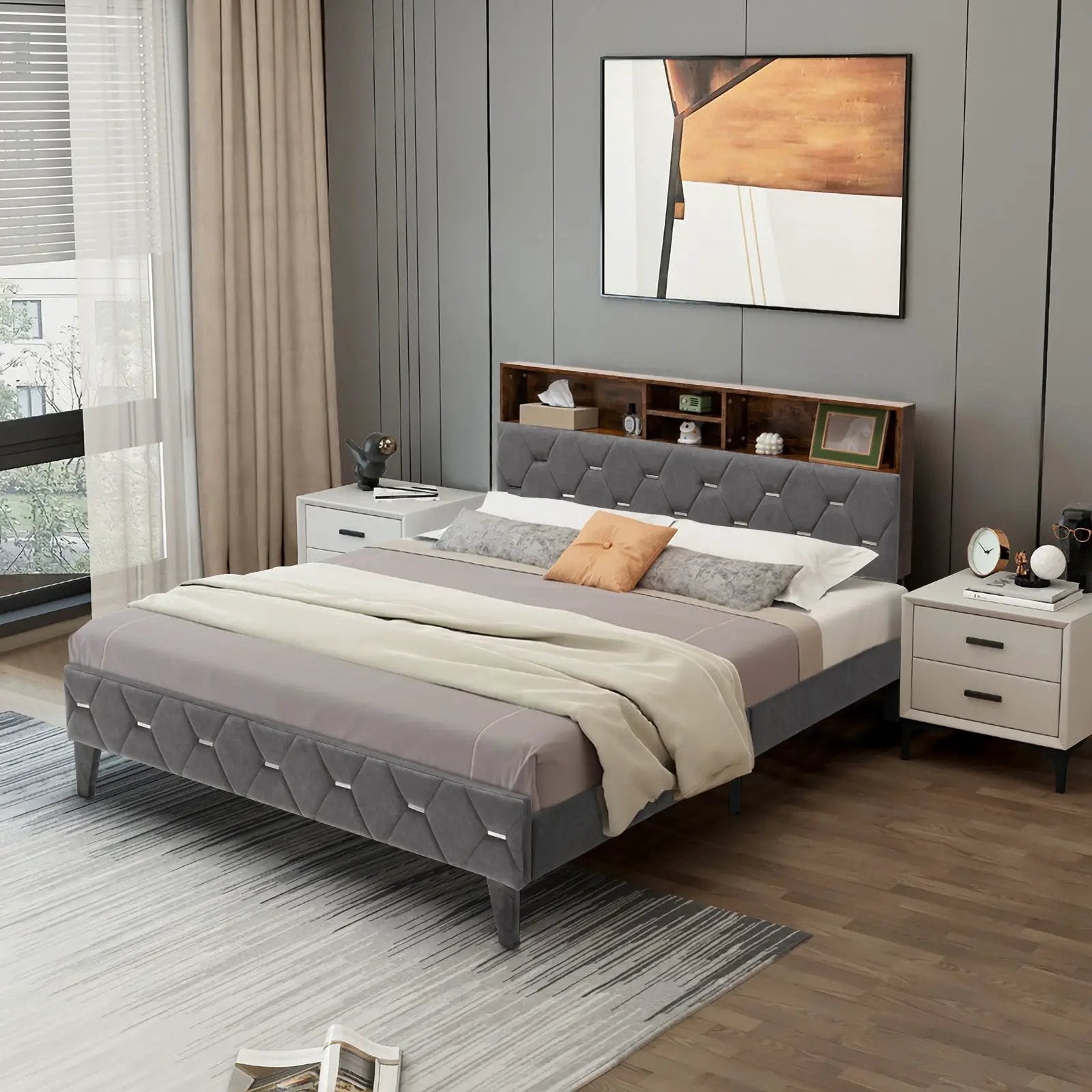 Full/Queen Size Upholstered Bed Frame with Storage Headboard by DirectDeals
