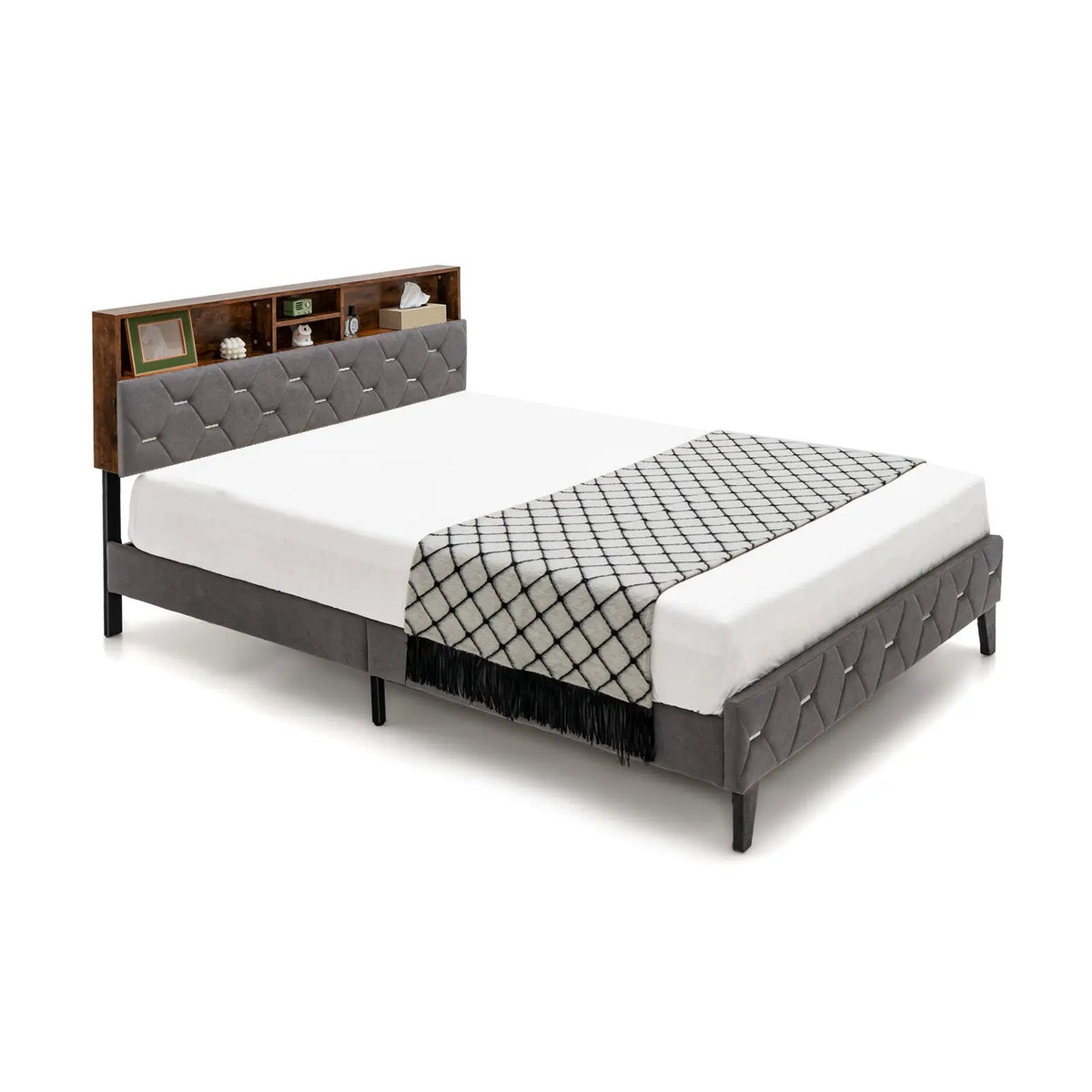 Full/Queen Size Upholstered Bed Frame with Storage Headboard, photo 4 of 9